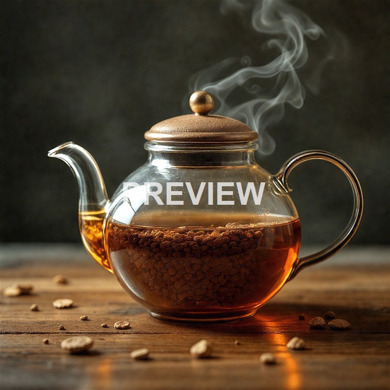 A glass teapot filled with hot tea and tea leaves inside, placed on a wooden surface with scattered tea leaves around, with steam rising from the lid.